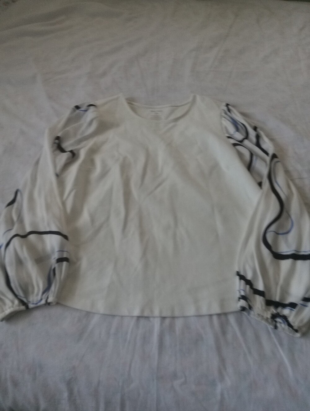 Nine West White Blouse with Black Trimmed Sheer Balloon Sleeves